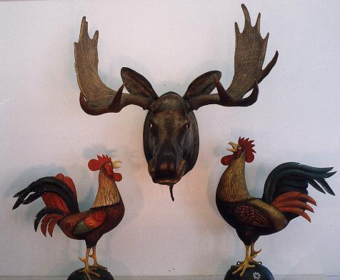Moose Head and Roosters